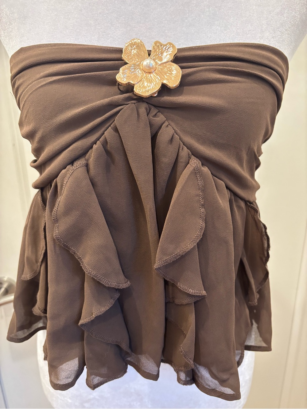 NWT Thirty Thirty brown strapless chiffon ruffled gold flower embellished top- M